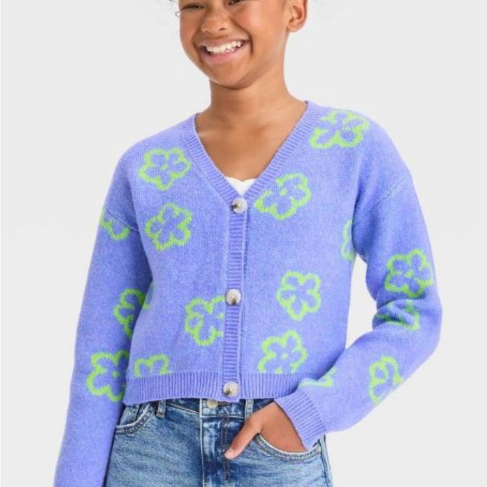 Art Class Lavender Cardigan with Lime Floral Design XL (14)